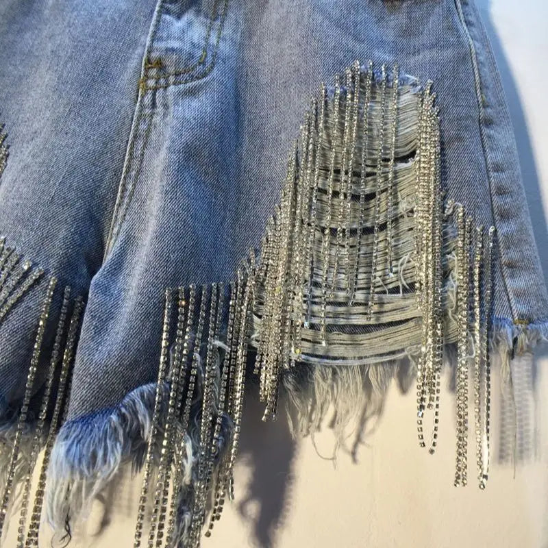 Denim Shorts Women Hole Ripped Jeans Tassels Diamonds Sexy Washed Distressed High Waist Streetwear Straight Short Pants