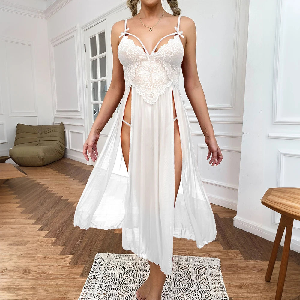 Sexy Lace Solid Women Sleepwear Underwear Mesh Lingerie Deep V Side Slit Sleeveless Female Fashion Robe Dress Nightwear