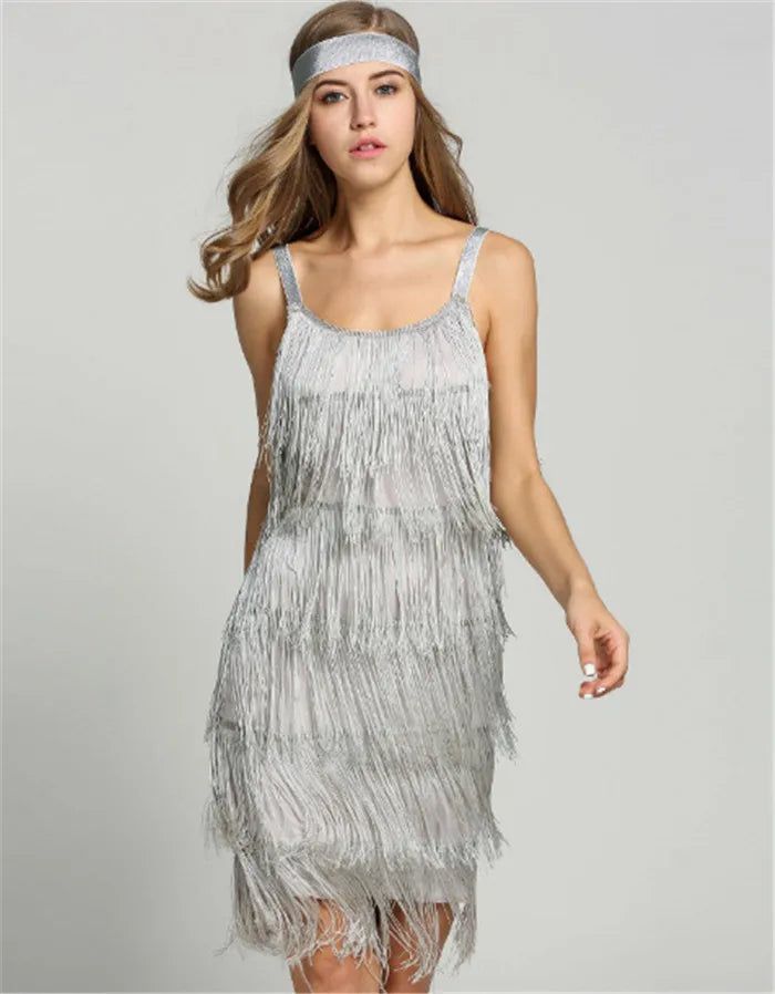 Great Gatsby Dress Slash Neck Strappy Tiered Fringe Dress Vintage Flapper Party Fancy Dress Costumes With Headband