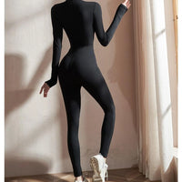 Women Jumpsuits Long Sleeve Yoga Slim Fit Stretch One Piece Romper Sexy Fitness Female Black Basic Sport wears Tight Zipper