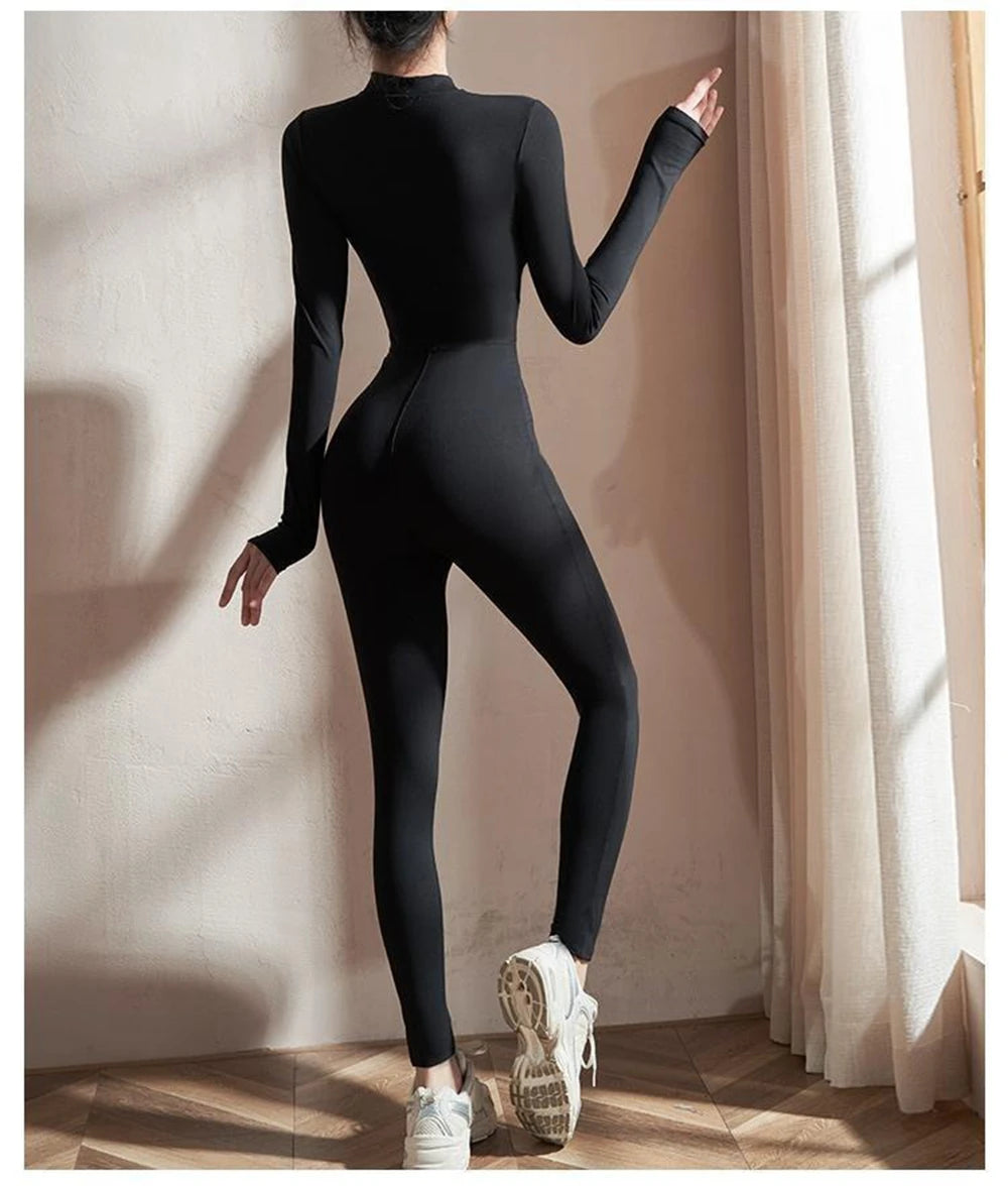 Women Jumpsuits Long Sleeve Yoga Slim Fit Stretch One Piece Romper Sexy Fitness Female Black Basic Sport wears Tight Zipper