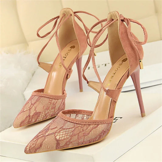 New Sexy Pumps Women's Mesh Shallow Pointed High Heel Sandals Lace Cross Tied Stiletto Heels Hollowed Shoes Natalia Home Fashion    Natalia Home Fashion