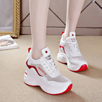 Women's Breathable Mesh Sports Shoes Thick Bottom Casual Flat Platform Sneakers round Toe Mid Heel Cross Buckle