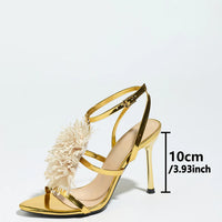 Ladies High Heel Sandals with 3D Fluffy Flower Decorations round Toe Thin Heel Spring Summer Night Club Fashionable Party Shoes