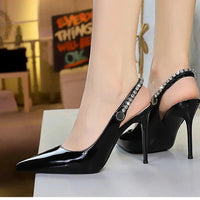 Fashion Women Pointed Toe Patent Leather High Heels Shallow Vamp Rhinestone Decorated Backless Strap Dress Shoes