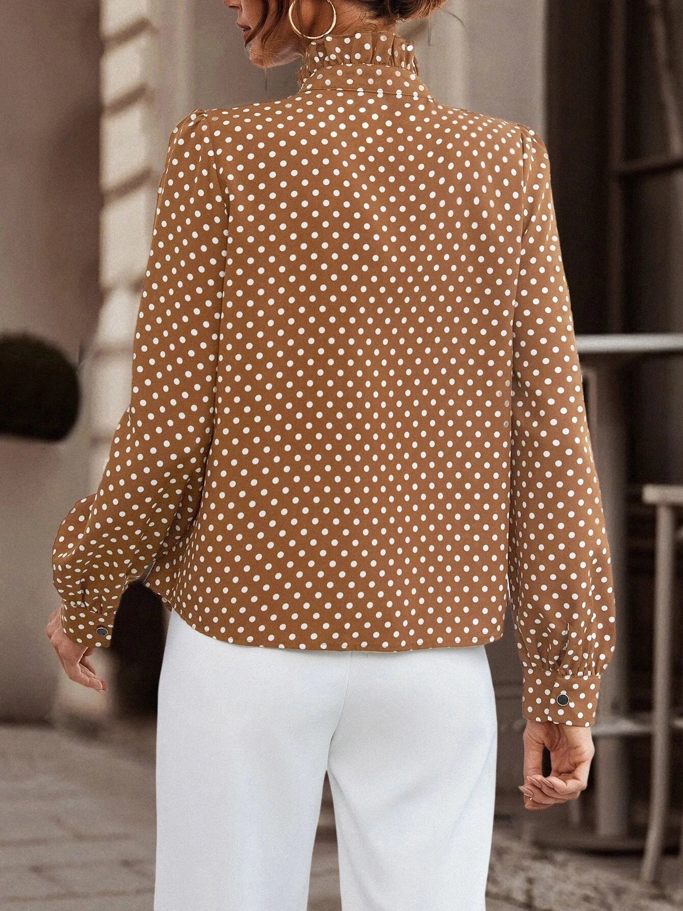 Long Sleeve Button Shirt Fashion Polka Dot Print Ruffle Women Shirts Blouses Elegant Office Lady Casual Top