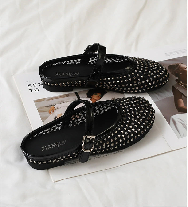 Luxury Shinny Diamond Women Mules Slippers Summer Shoes Crystal Footwear Rhinestones Slip On Brand Mary Jane Sandals Mesh Clogs