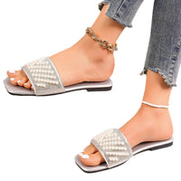 Small Fragrant style flat bottomed plus size slippers for women square headed rhinestone pearl fashionable casual slippers
