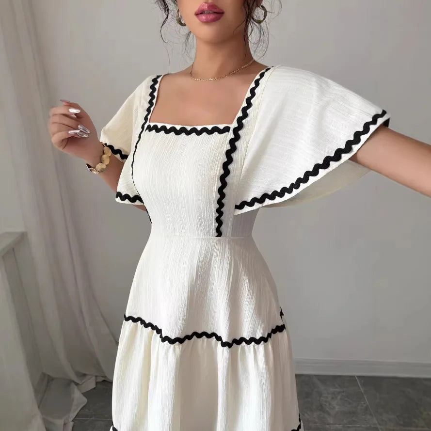 Women's Vintage Square Neck Flutter Sleeve Dress Summer Black Scallop Trim Tiered Ruffle Long Casual Vacation A-line Vestidos Natalia Home Fashion    Natalia Home Fashion
