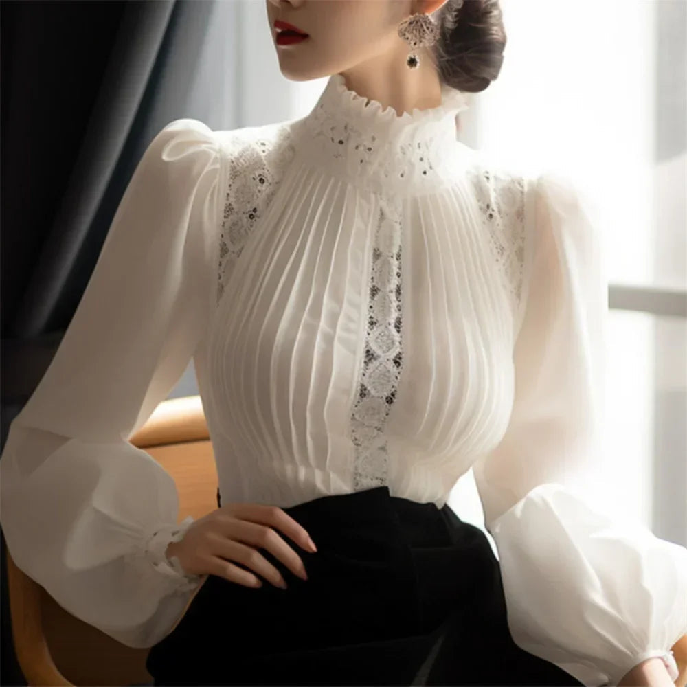 Spring Ladies Patchwork Lace Hollow Out Long Sleeve Shirt Tops 2024 New Korean Fashion Women's Solid Color Stand Collar Blouses Natalia Home Fashion    Natalia Home Fashion
