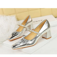 Heels Women Fashion CRYSTAL Pearl Pumps Square Toe Stripper Elegant Party Square Heel Ladies Shoes