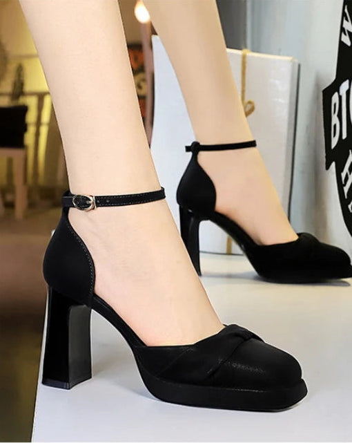 One-Strip Ultra-High Heel Sandals Platform Thick Heel Bow Women Shoes Square Toe Shallow Mouth Hollow Shoes