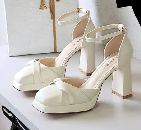 One-Strip Ultra-High Heel Sandals Platform Thick Heel Bow Women Shoes Square Toe Shallow Mouth Hollow Shoes