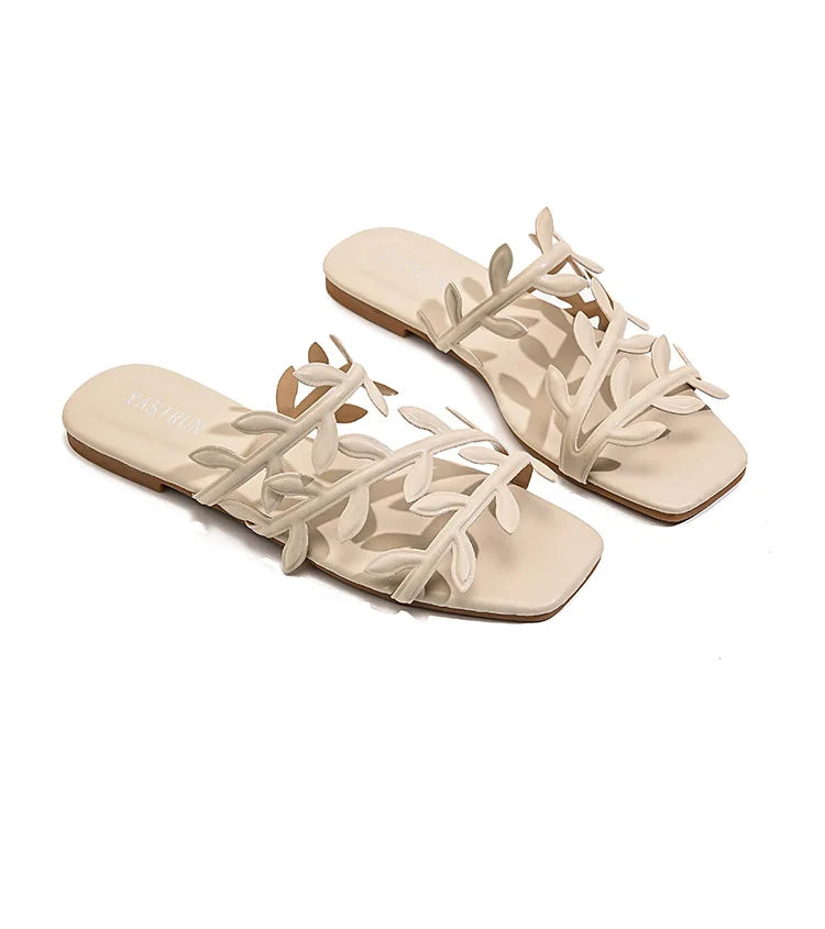 Leaf Pattern Women's Sandals Outdoor Wear New Style Beach Flat Bottom Slip-On Holiday Comfortable Breathable Flats