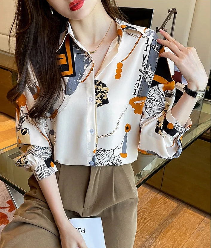 Spring Chiffon Shirt Women's Long-sleeved Printed Color Niche Chiffon