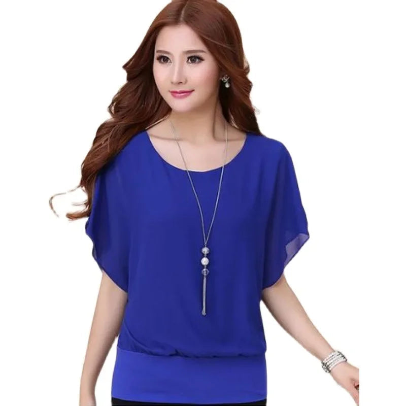 New Spring Summer 2024 Plus Size Women's Clothing Chiffon Short Sleeve Bat Wing Shirt Loose Fit Slimming T-Shirt For Women Natalia Home Fashion    Natalia Home Fashion