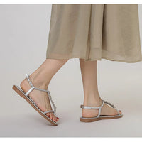 Single-strap rhinestone bow flat sandals, new summer fashion, simple and stylish, suitable for outdoor wear, Roman beach shoes