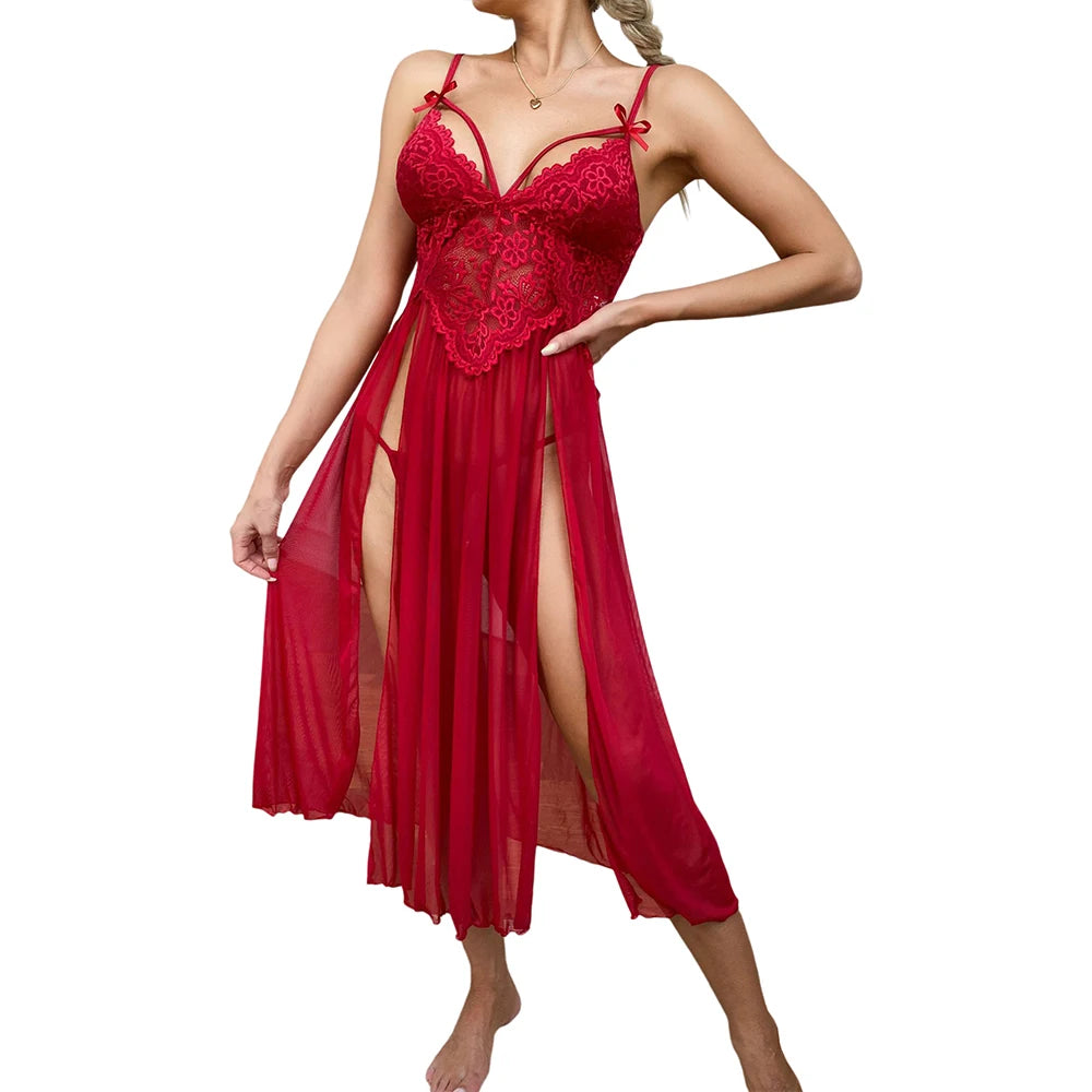Sexy Lace Solid Women Sleepwear Underwear Mesh Lingerie Deep V Side Slit Sleeveless Female Fashion Robe Dress Nightwear