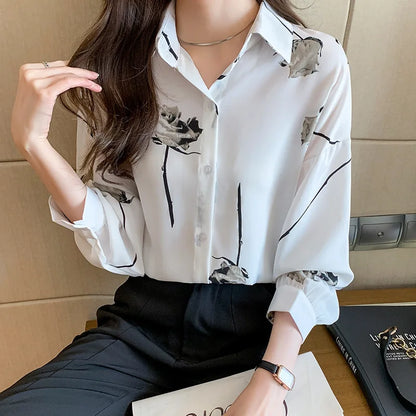 Women's Blouse Long Sleeve Rose Printed Fashionable Chiffon Shirt Long Sleeve Top