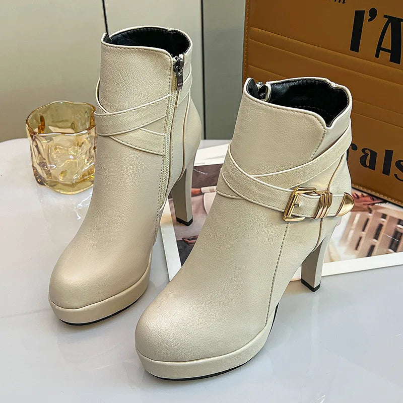 High Heels Women Ankle Boots Side Zip Fall Winter Platform Ladies Boots Fashion Shoes Black Beige Buckle Short - Natalia Home Fashion