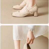 Retro Square Head Mary Jane Shoes Women Comfortable Slip-On High Heels Casual Velvet Upgraded Rubber Sole