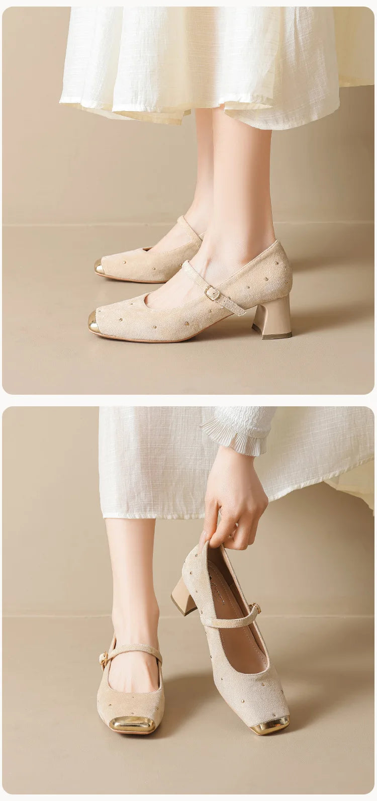Retro Square Head Mary Jane Shoes Women Comfortable Slip-On High Heels Casual Velvet Upgraded Rubber Sole