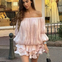 LGRQ 2026 Summer Women Dress Romantic French-style Lantern Sleeves Off-shoulder Mermaid Dress With Shiny Silk Unique Design Natalia Home Fashion    Natalia Home Fashion