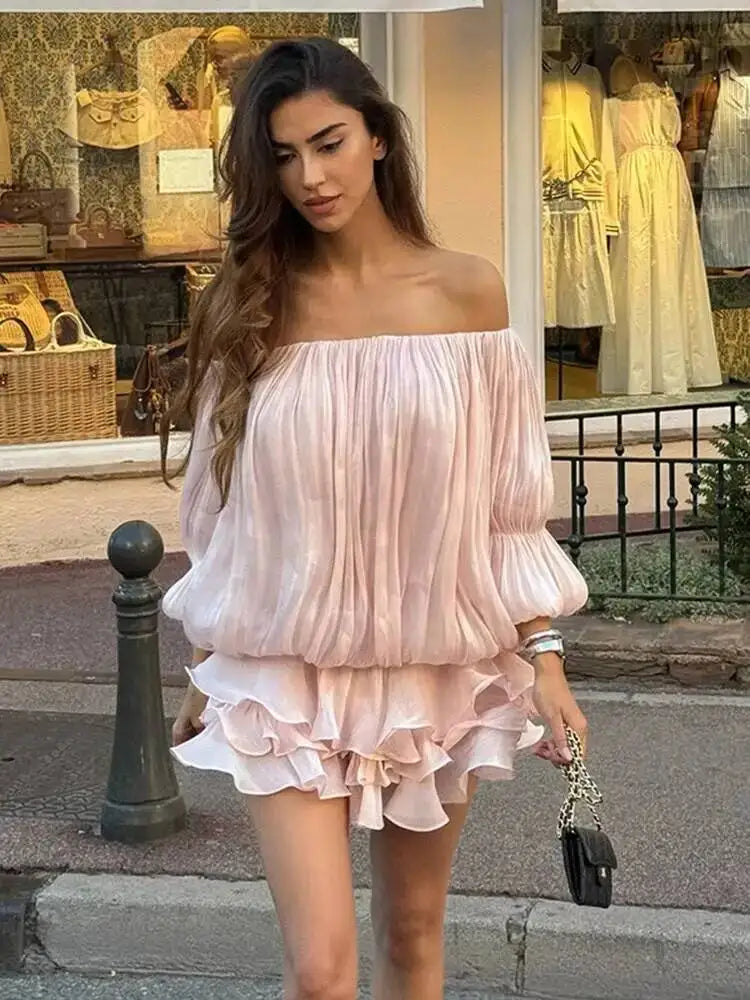 LGRQ 2026 Summer Women Dress Romantic French-style Lantern Sleeves Off-shoulder Mermaid Dress With Shiny Silk Unique Design Natalia Home Fashion    Natalia Home Fashion