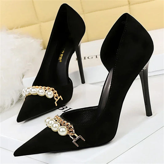 Women Pumps High Heel Pointed toe Elegant Pearl Metal Chain Hollowed Out Banquet Shoes
