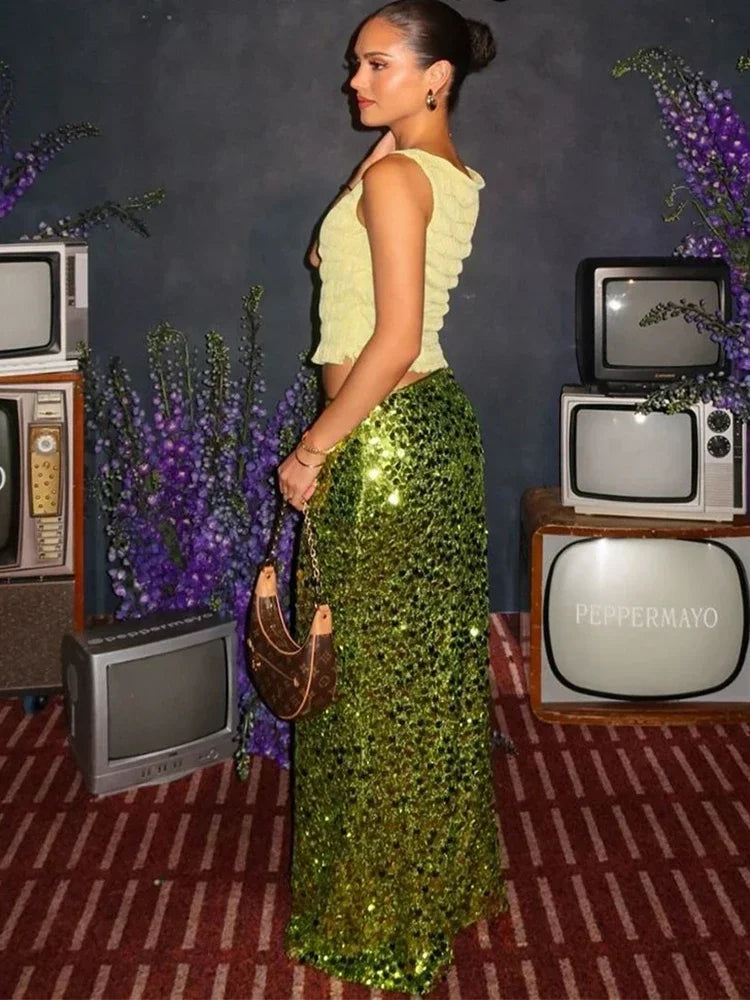 Trendix Party Green Shiny Skirts For Women High Waist Fashion Sequin Patchwork Long Skirts Femme 2024 New Trendy Skirt Clubwear Natalia Home Fashion    Natalia Home Fashion