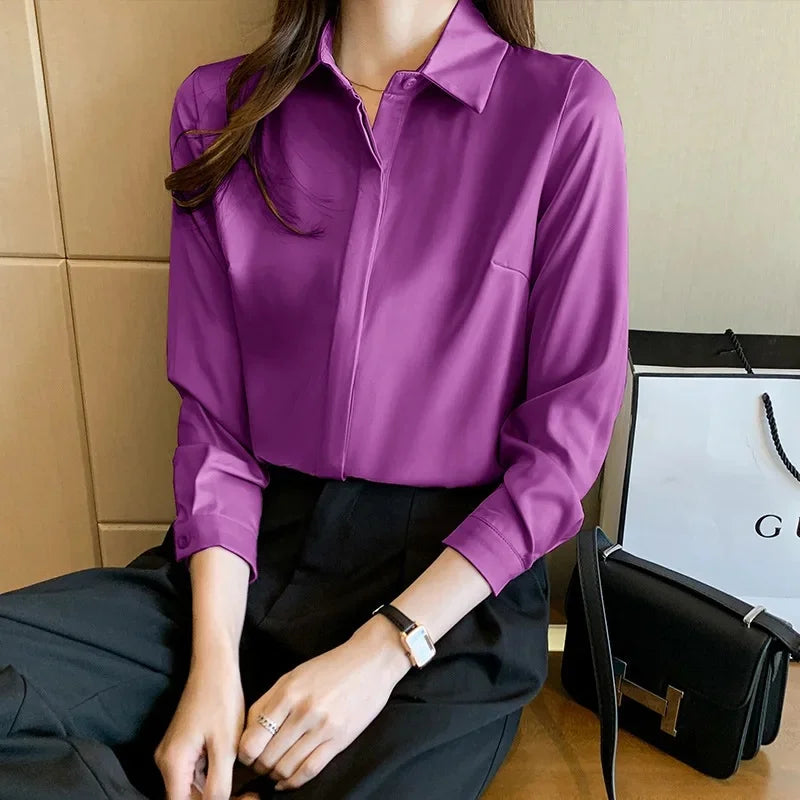 Style Women's Long Sleeve Satin Shirt Casual Style Fashion Design Lightweight Maturity Ladies Blouse