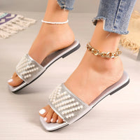 Small Fragrant style flat bottomed plus size slippers for women square headed rhinestone pearl fashionable casual slippers