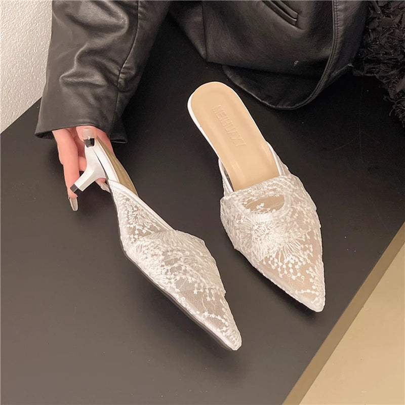 French-style Lace Toe Half-toe Sandals for Women Worn on Top with A Pair of Mesh Tulle High-heeled Slippers - Natalia Home Fashion