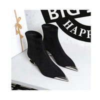Street Style Fur Metal Hollow Heel Modern Faux Suede Short Boots for Women Metal Pointed Toe Low Heel Boots Female