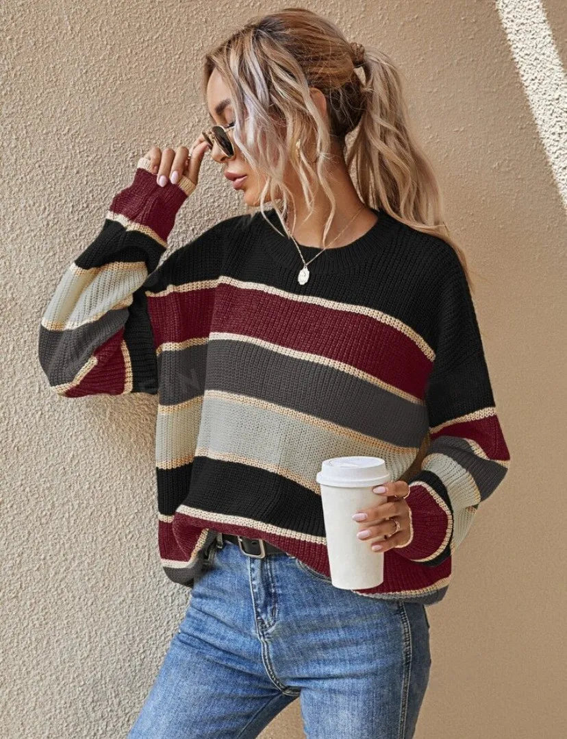 Women's Winter Clothing Oversized Striped Round Neck Ribbed Casual Sweater for Women Women's And Female Clothing Women's Winter Natalia Home Fashion    Natalia Home Fashion