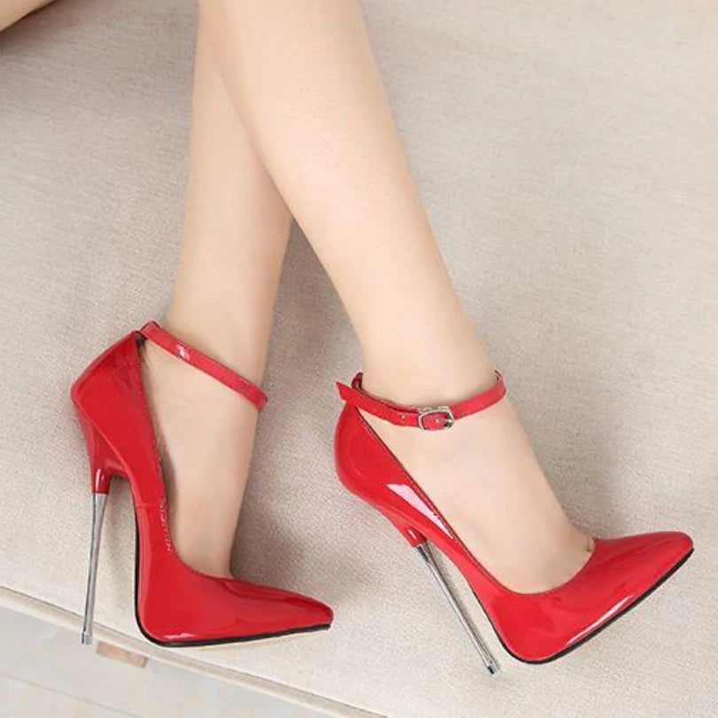 Ultra-thin Super High Heel, pointed Toe, Ankle wrist strap, metal heel sexy women shoes pumps