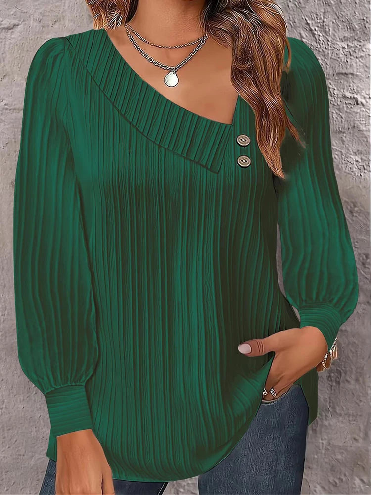 Simple Button V-neck Pullover Women's Solid Long Sleeve Casual T-shirts Elegant Lady Blouses