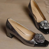 Rhinestone Camellia Flower Women's Shoes Square Toe Thick Heels 5cm Ladies Pumps Party Shoes