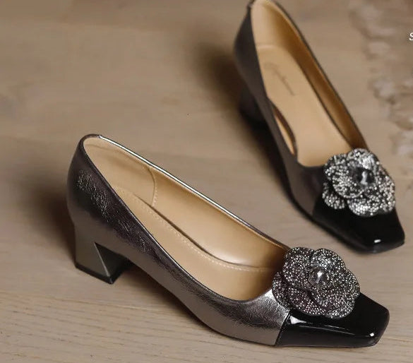 Rhinestone Camellia Flower Women's Shoes Square Toe Thick Heels 5cm Ladies Pumps Party Shoes