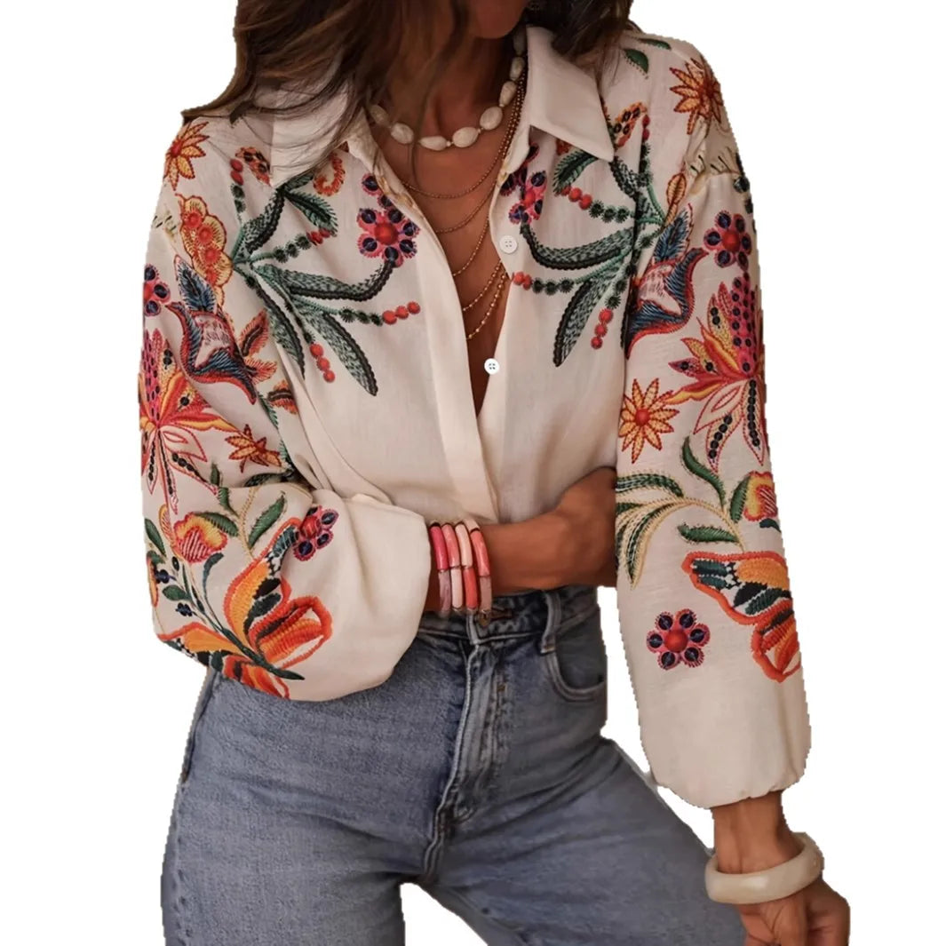 Women's Printed Shirt Long Sleeve Loose Button Cardigan Top Trendy Fashion Casual Blouses for Female