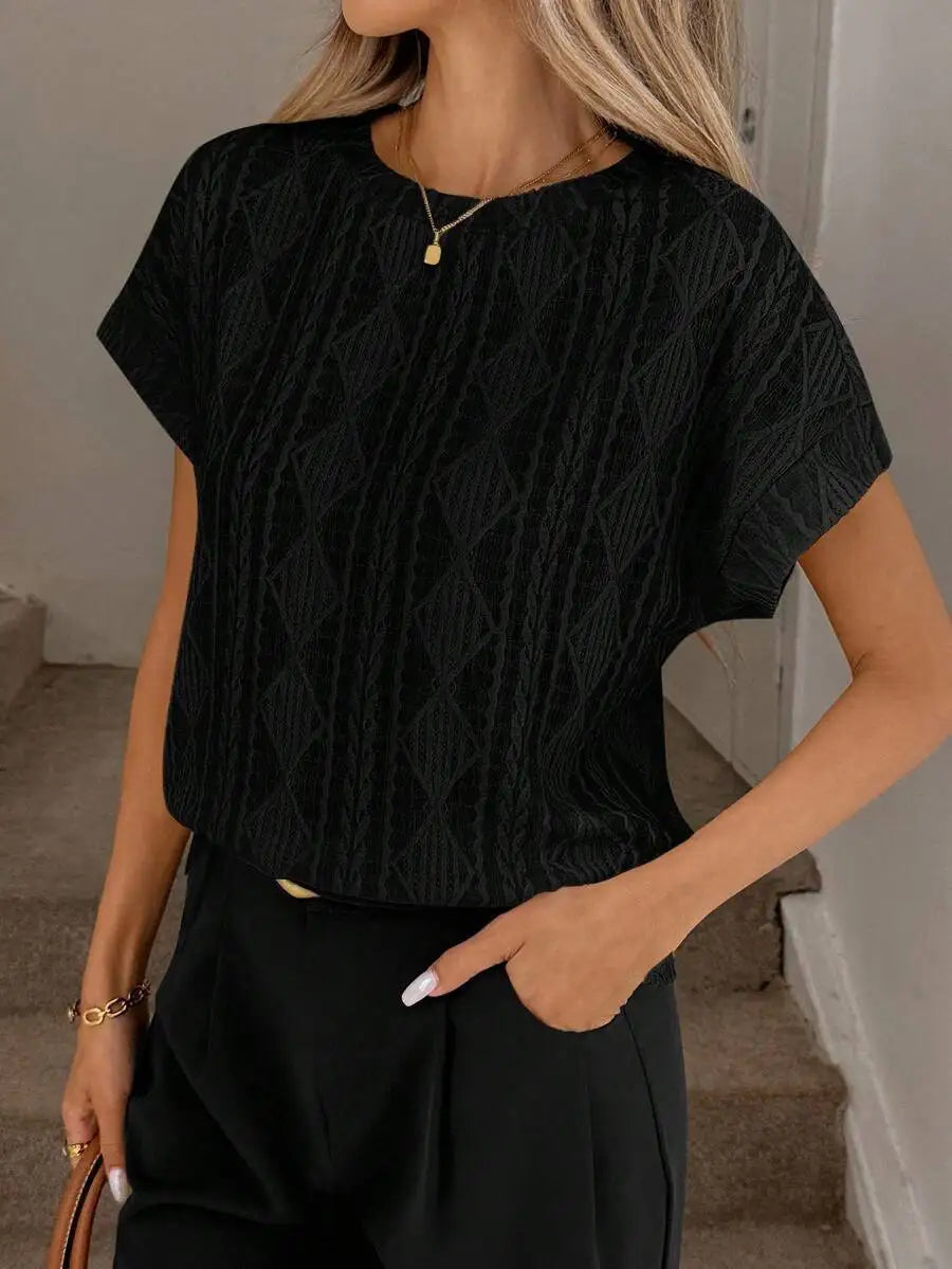 Women's Casual Round Neck Jacquard Short Sleeve Top T-shirt Leisure Commute Women Clothing