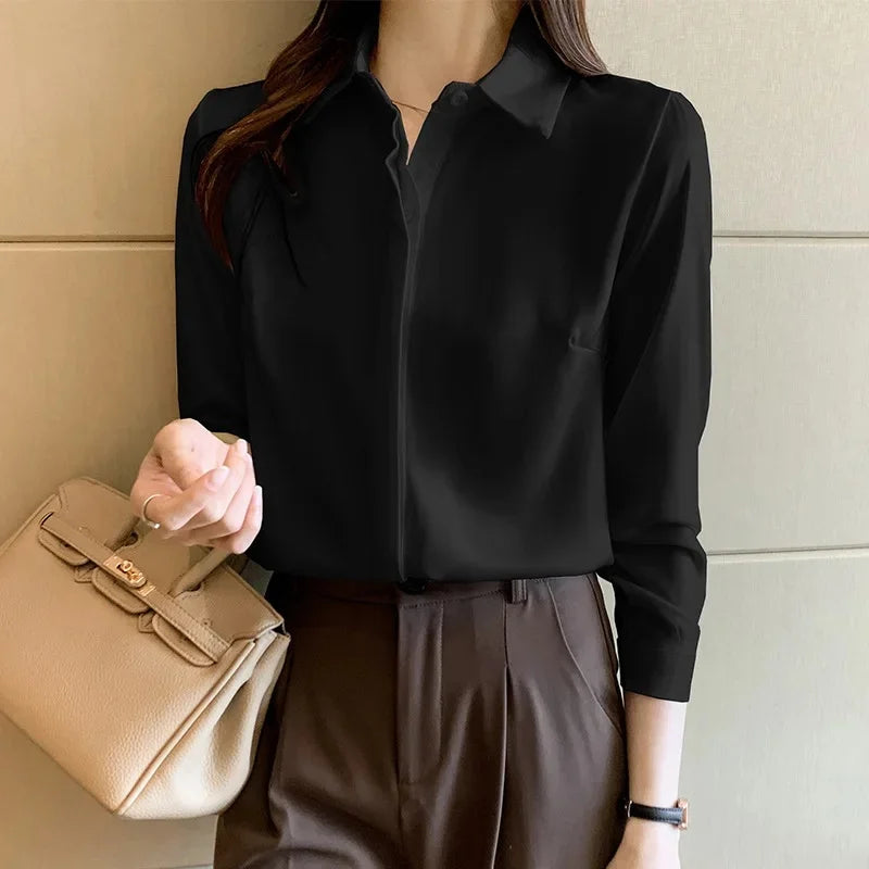 Style Women's Long Sleeve Satin Shirt Casual Style Fashion Design Lightweight Maturity Ladies Blouse