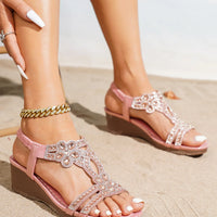 Bohemian Style Thick Heel Sandals Summer Fashion Beach Diamond Women's Shoes round Head Roman Style PU Leather Roman Sandals