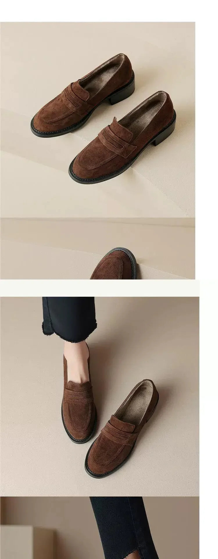 British Style Fleece Lined Chunky Heel Loafers Women's Shoes Retro French Vintage Leather Casual Shoes Rubber Sole Adult Footwear