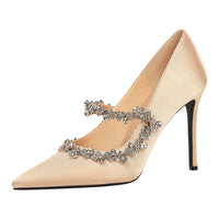 Elegant French Style High Heels Women's Satin Pointed Toe Shoes with Water Diamond Decoration Thin Heel Single Shoes