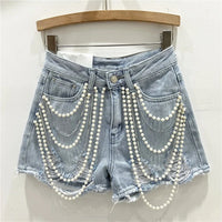 Denim Summer Shorts for Women's Bottoms Pearls Fashion Casual Shorts