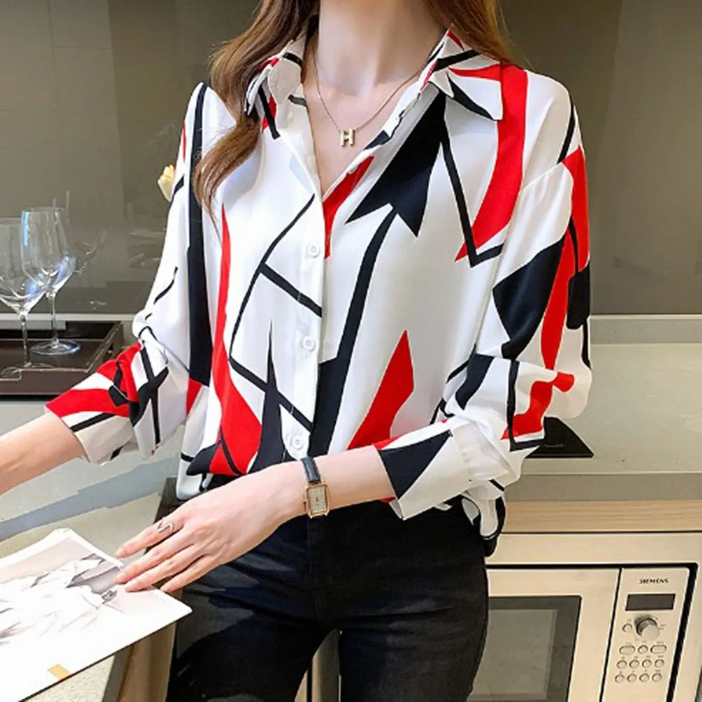 Women Temperament Print Shirt Long Sleeve Fashion Loose Shirts Ladies Lightweight Work Blouse