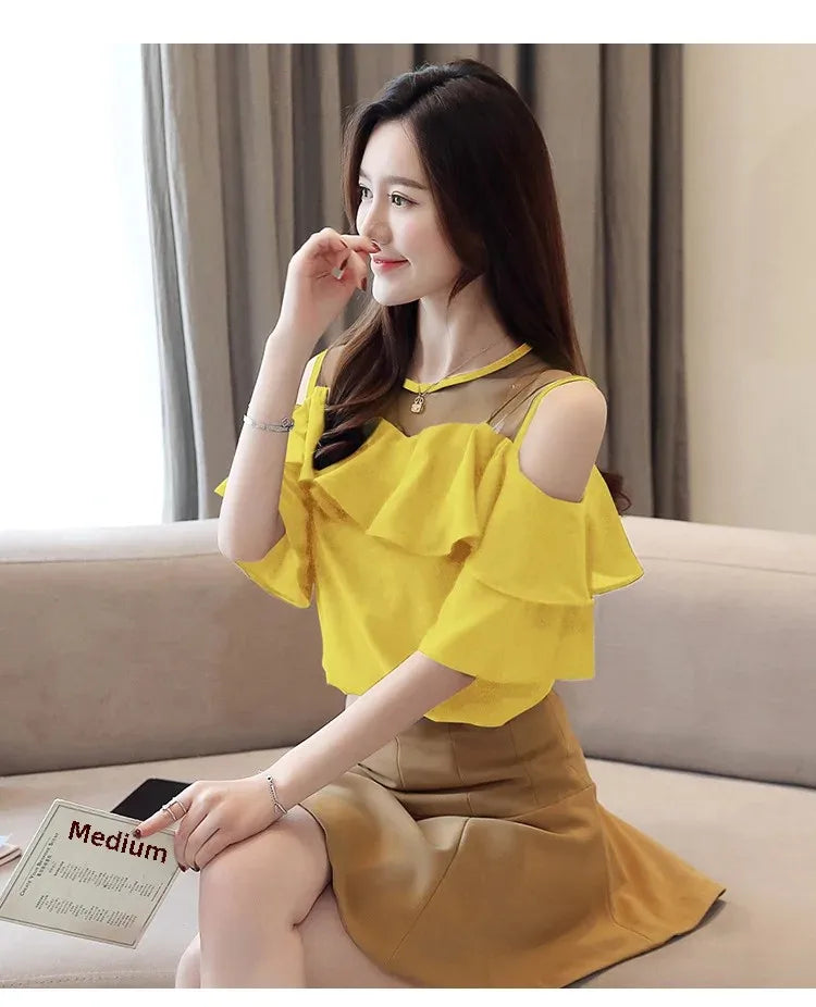 Loose Women's Chiffon Shirt round Neck Pure Color Mesh Five Sleeve Transparent Top Fashionable Small Shirt