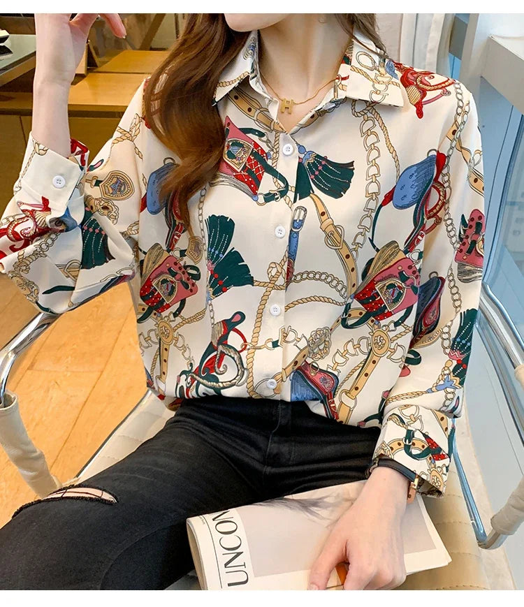 Fashion chain print ladies shirts Spring Women Blouses Long Sleeve Shirts Tops