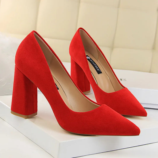 Summer Women 8.5cm High Heels Pumps Elegant Sweet Lady Wedding Block Square Middle Heels Flock Suede Nightclub Shoes